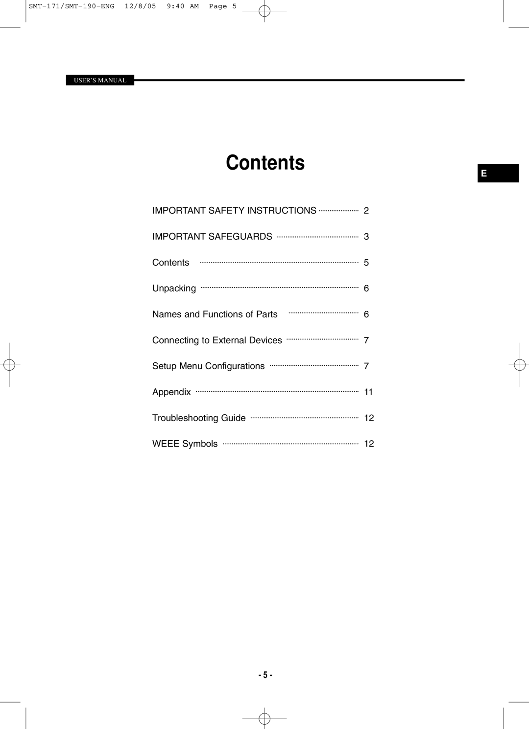 Samsung SMT-190P, SMT-171N, SMT-171P, SMT-190N user manual Contents 