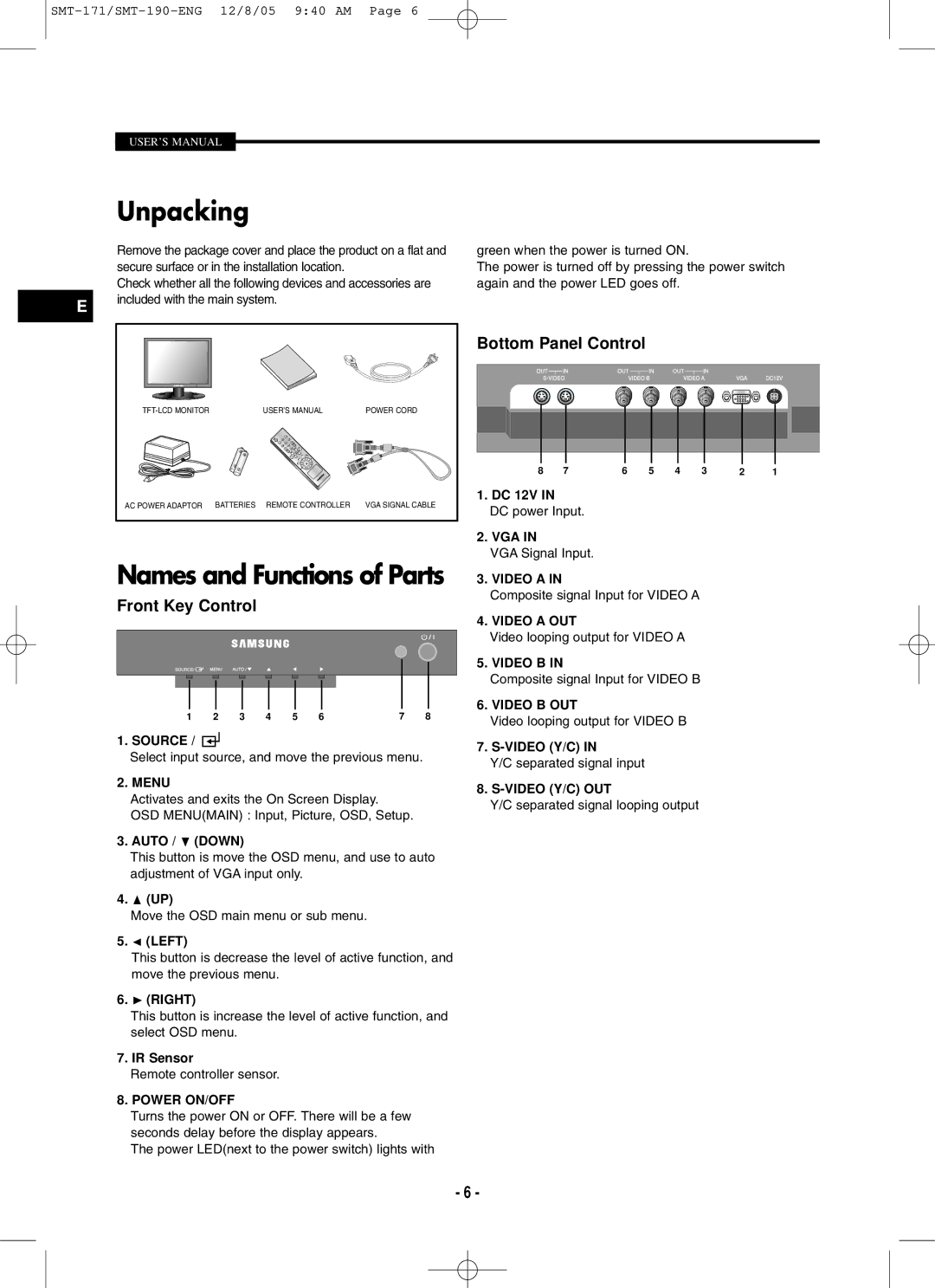 Samsung SMT-171P, SMT-171N, SMT-190P, SMT-190N user manual Unpacking, Front Key Control, Bottom Panel Control 