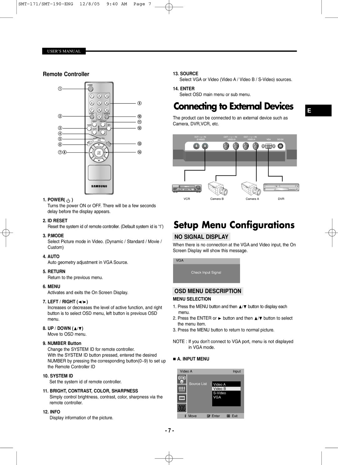 Samsung SMT-190N, SMT-171N, SMT-190P, SMT-171P user manual Setup Menu Configurations, Remote Controller 