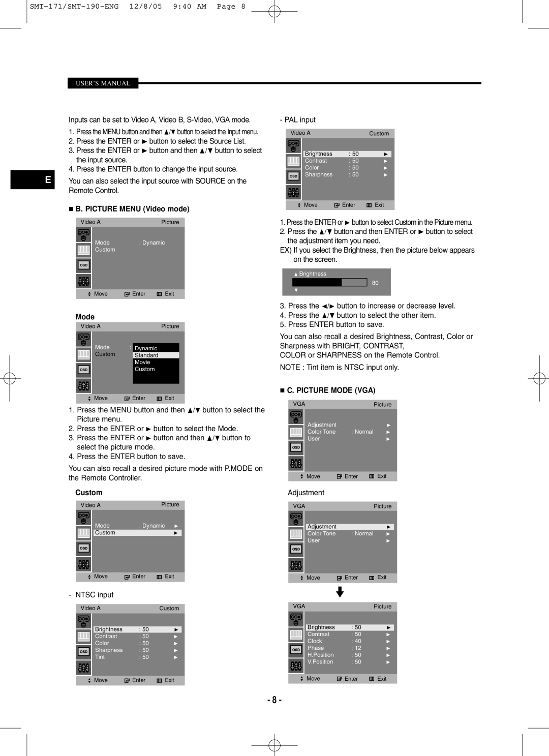 Samsung SMT-171N, SMT-190P, SMT-171P, SMT-190N user manual Picture Menu Video mode, Mode, Custom 