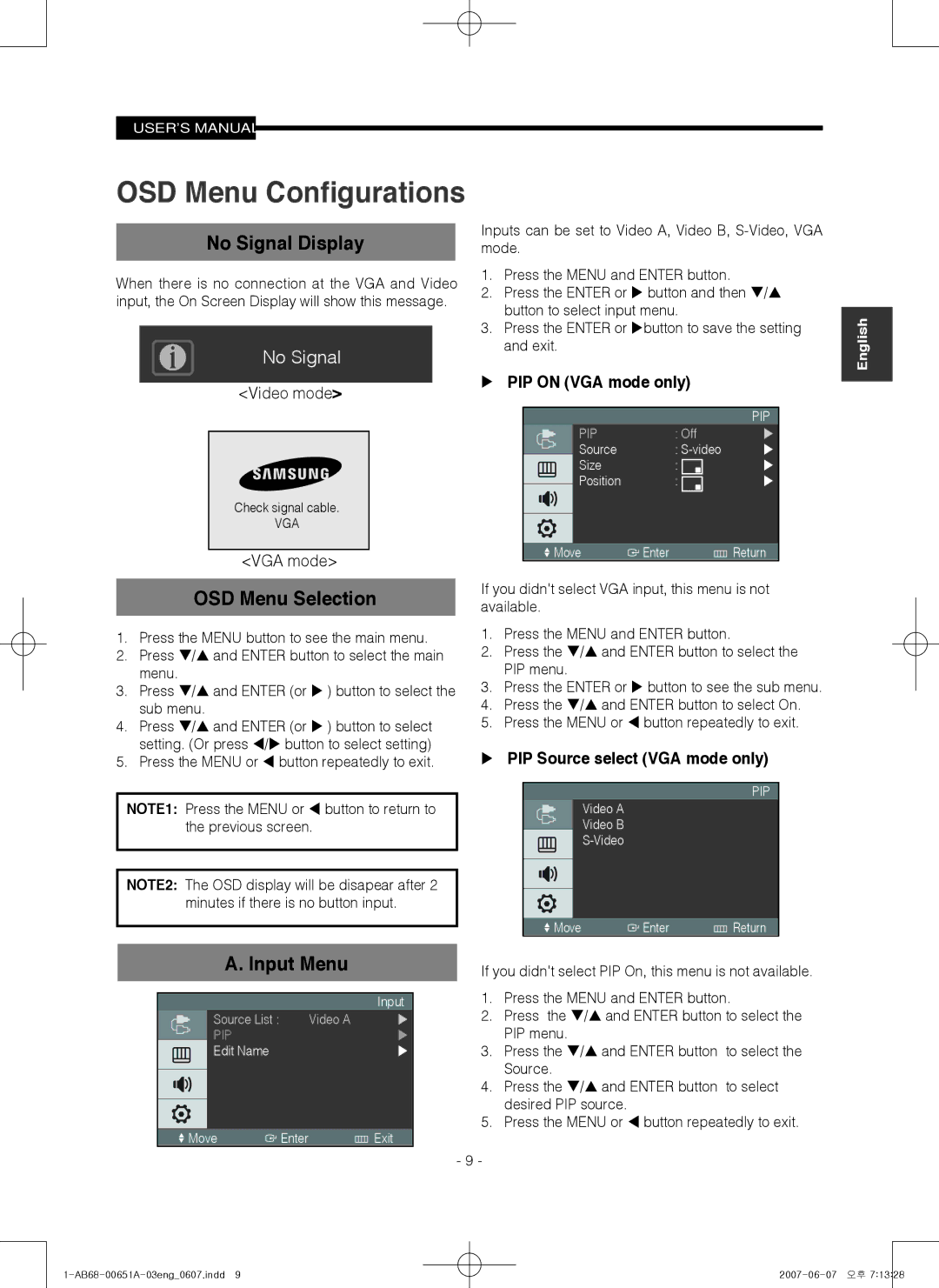 Samsung SMT-1721, SMT-1921 manual No Signal Display, OSD Menu Selection, Input Menu,  PIP on VGA mode only 