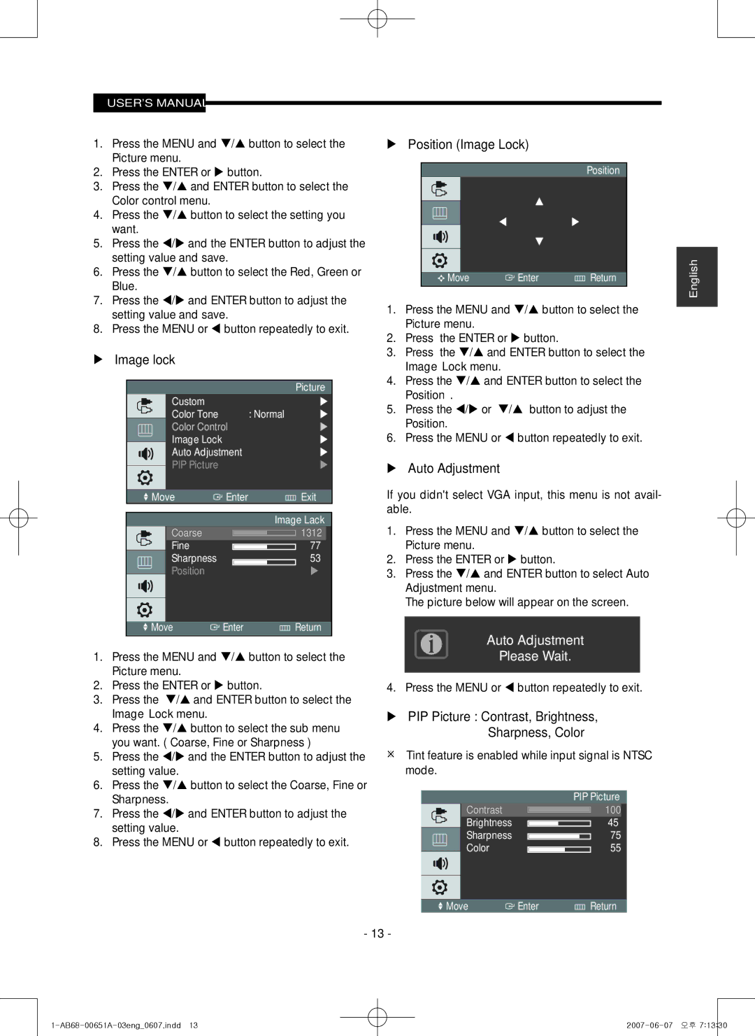 Samsung SMT-1721, SMT-1921 manual  Image lock,  Position Image Lock,  Auto Adjustment 