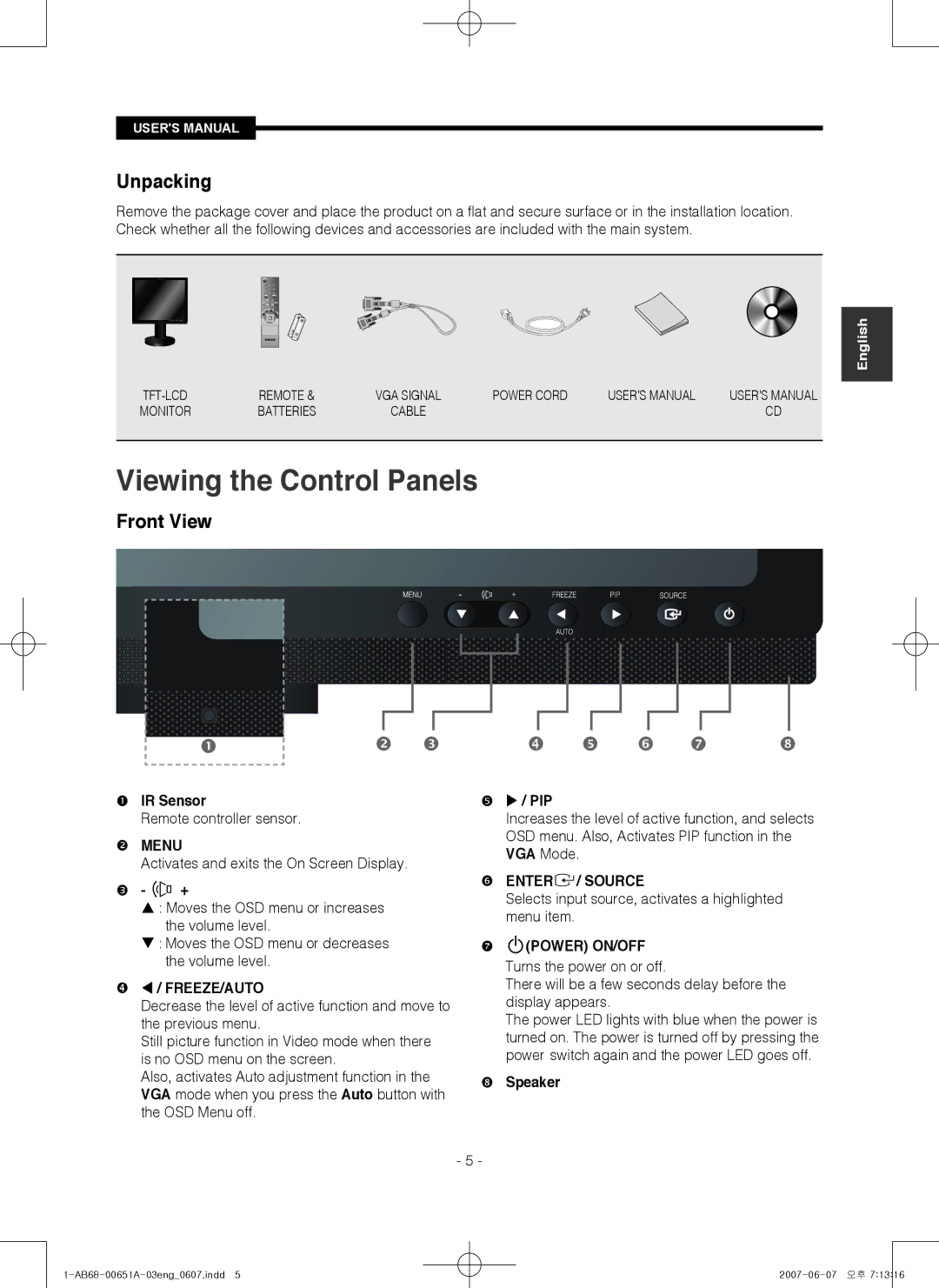 Samsung SMT-1721, SMT-1921 manual Unpacking, Front View 