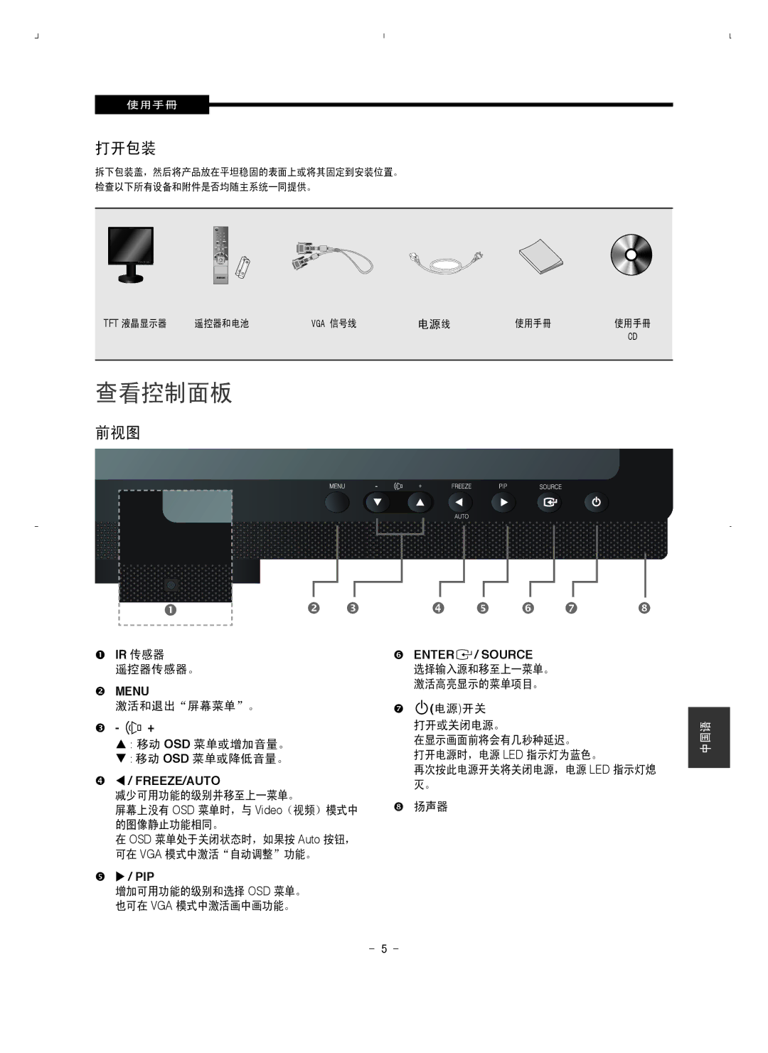 Samsung SMT-1721P/XEOV, SMT-1921P/XEOV manual 打开包装, 前视图, . Ir 传感器, . +, . ./ Pip 