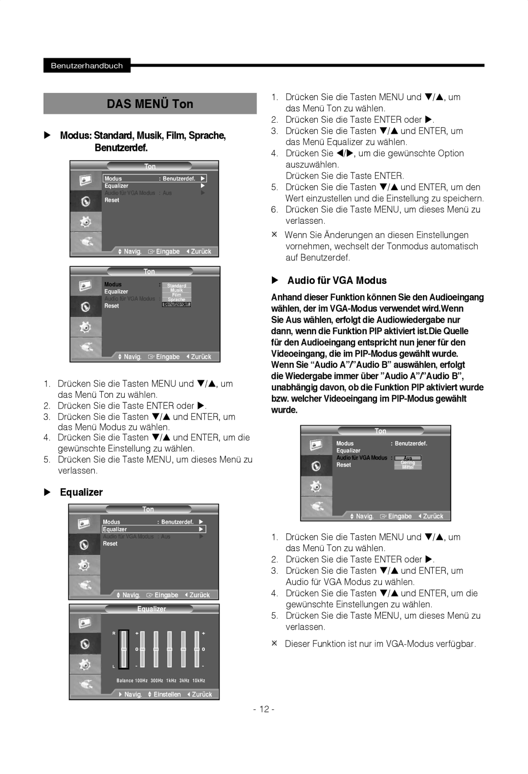 Samsung SMT-1722PV manual DAS Menü Ton, Modus Standard, Musik, Film, Sprache, Benutzerdef, Equalizer, Audio für VGA Modus 