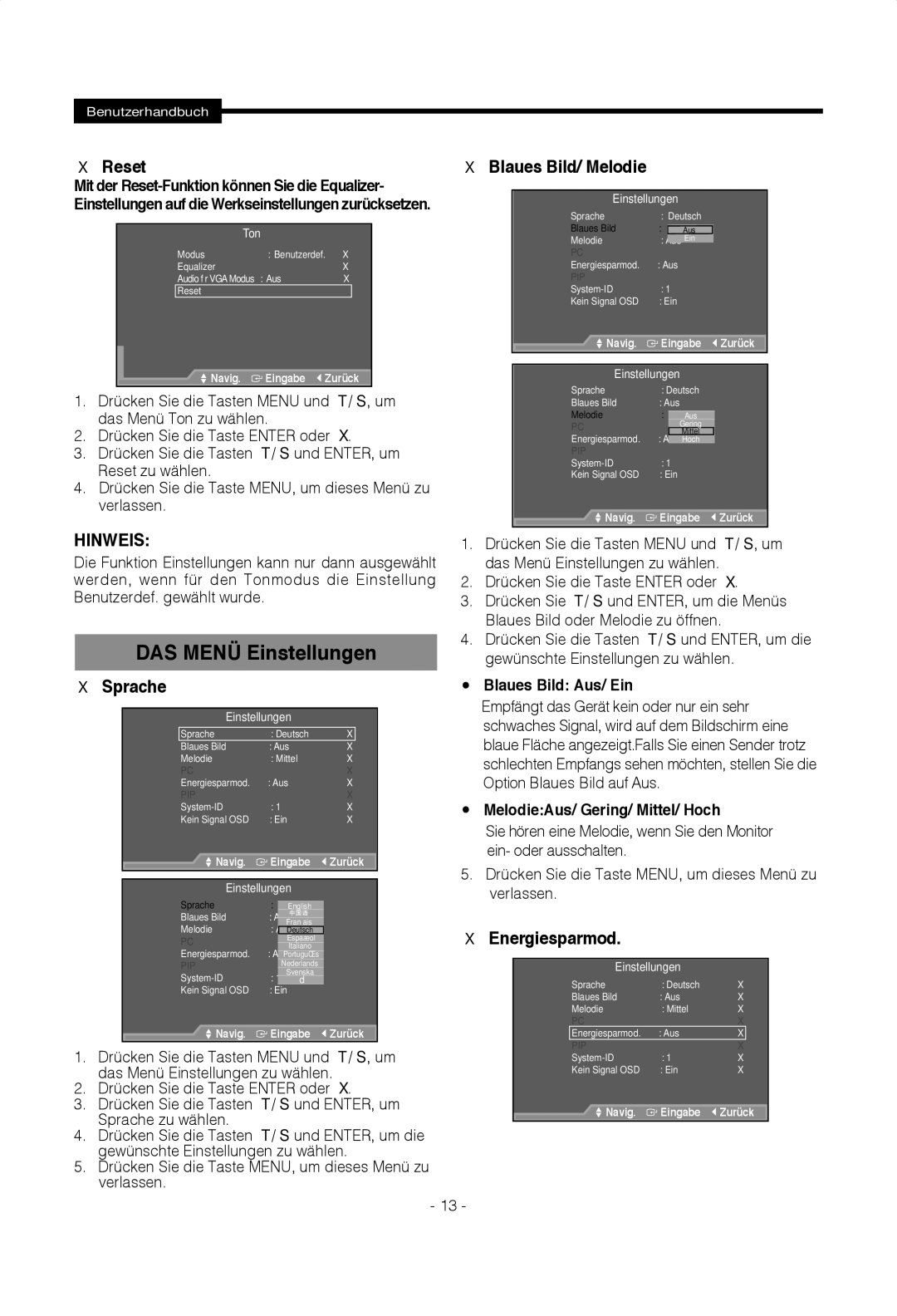 Samsung SMT-1922PV, SMT-1722PV manual DAS Menü Einstellungen, Blaues Bild/ Melodie, Sprache, Energiesparmod 