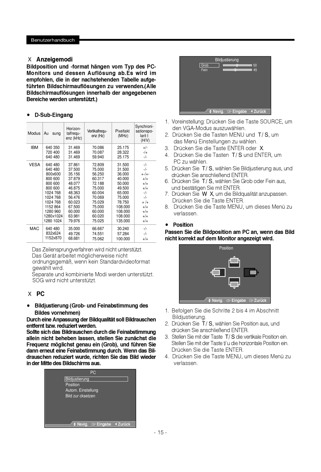 Samsung SMT-1722PV, SMT-1922PV Anzeigemodi, Sub-Eingang, Drücken Sie anschließend Enter, Und bestätigen Sie mit Enter 