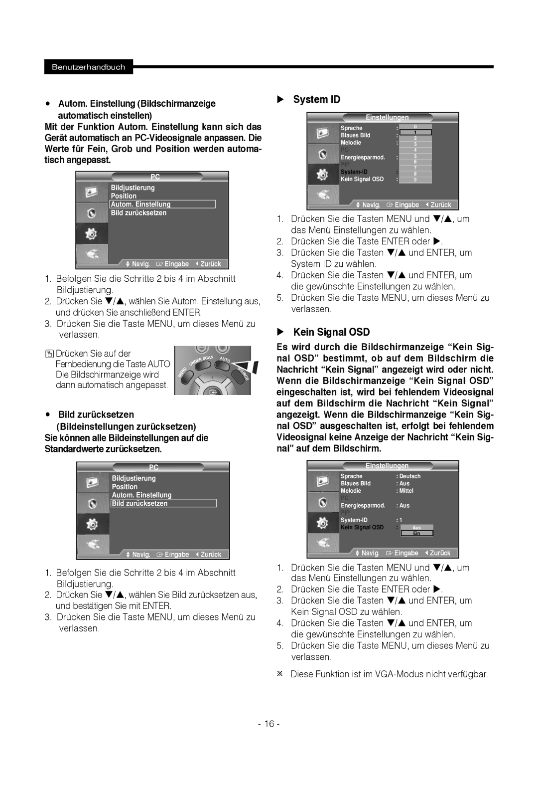 Samsung SMT-1722PV, SMT-1922PV manual Kein Signal OSD, System ID zu wählen, Die gewünschte Einstellungen zu wählen 