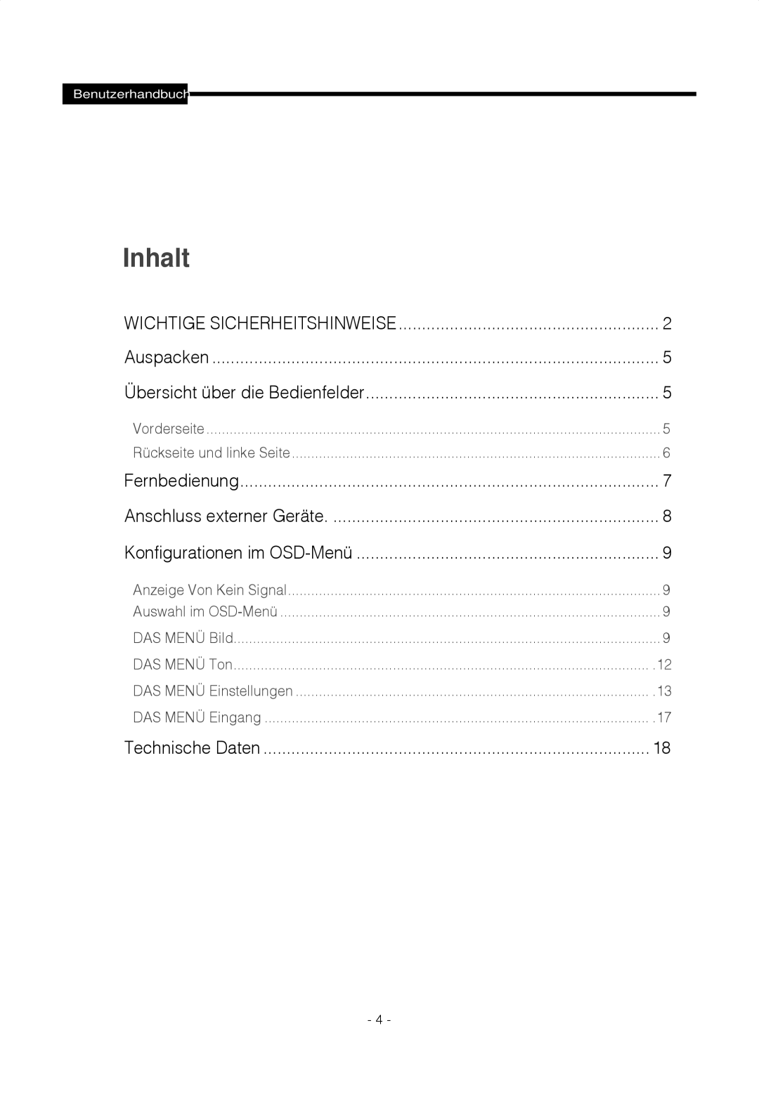 Samsung SMT-1722PV, SMT-1922PV manual Inhalt 