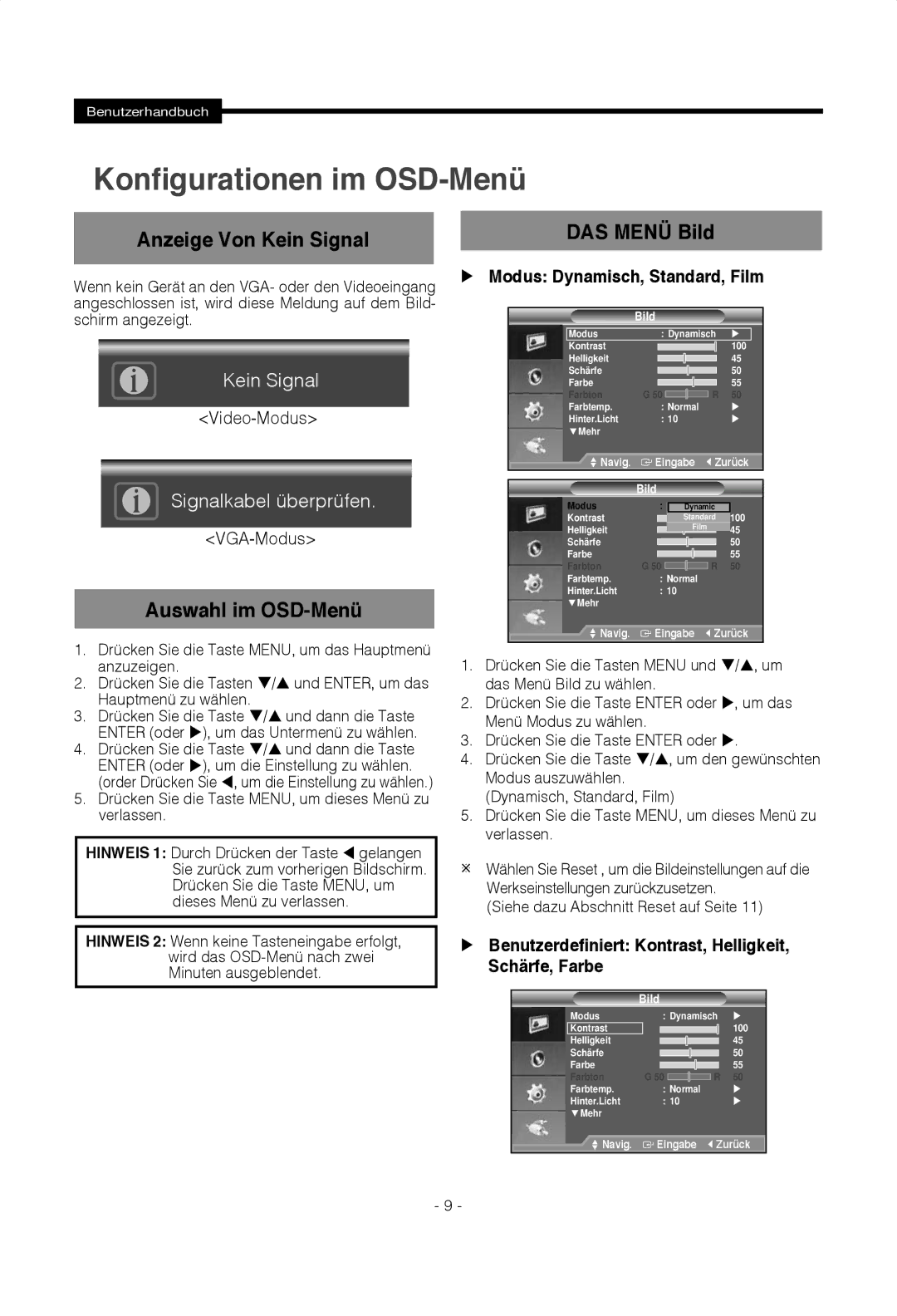 Samsung SMT-1922PV, SMT-1722P Anzeige Von Kein Signal, Auswahl im OSD-Menü, DAS Menü Bild, Modus Dynamisch, Standard, Film 