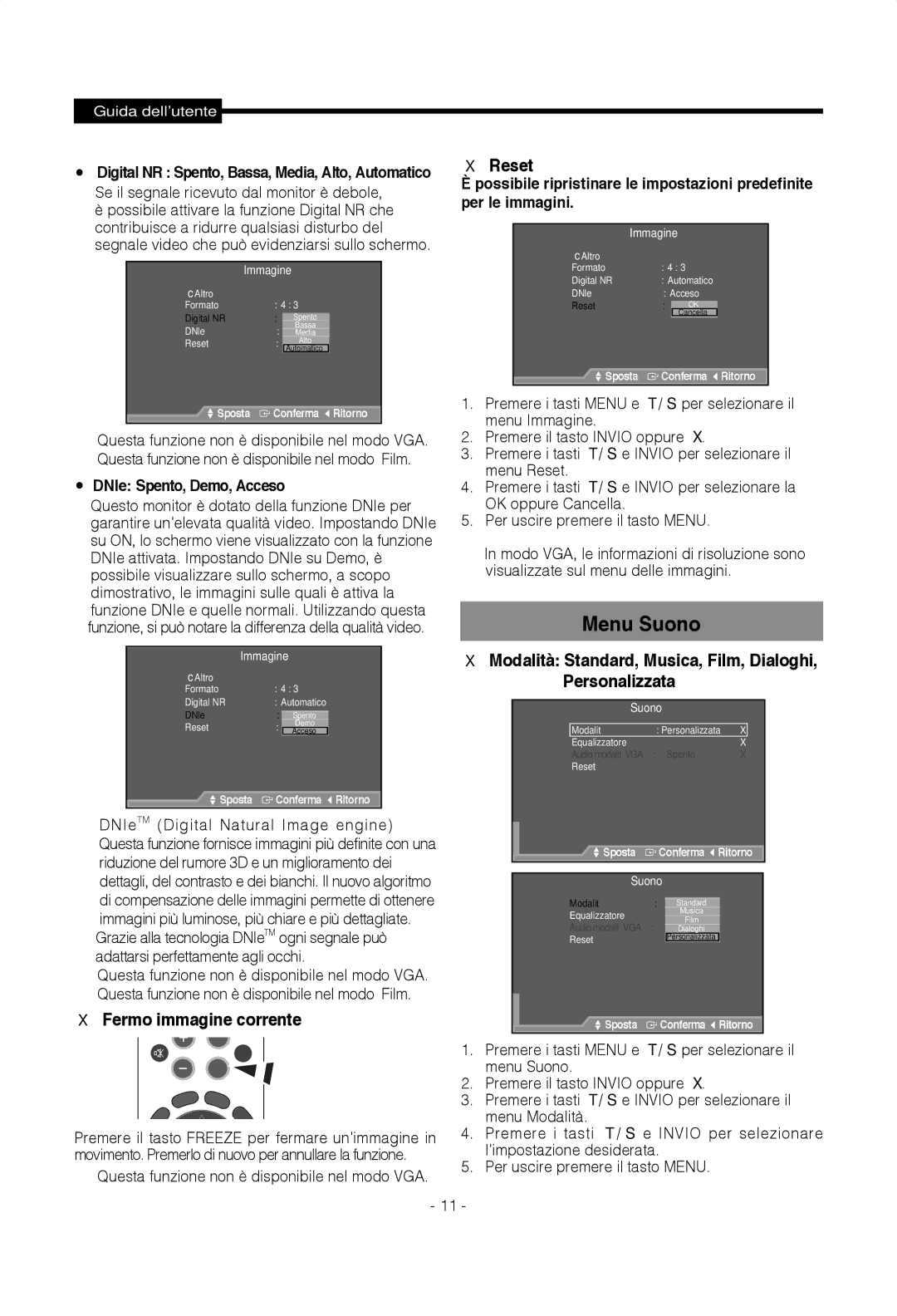 Samsung SMT-1722PV, SMT-1922PV manual Menu Suono, DNIe Spento, Demo, Acceso, Menu Reset Premere i tasti 