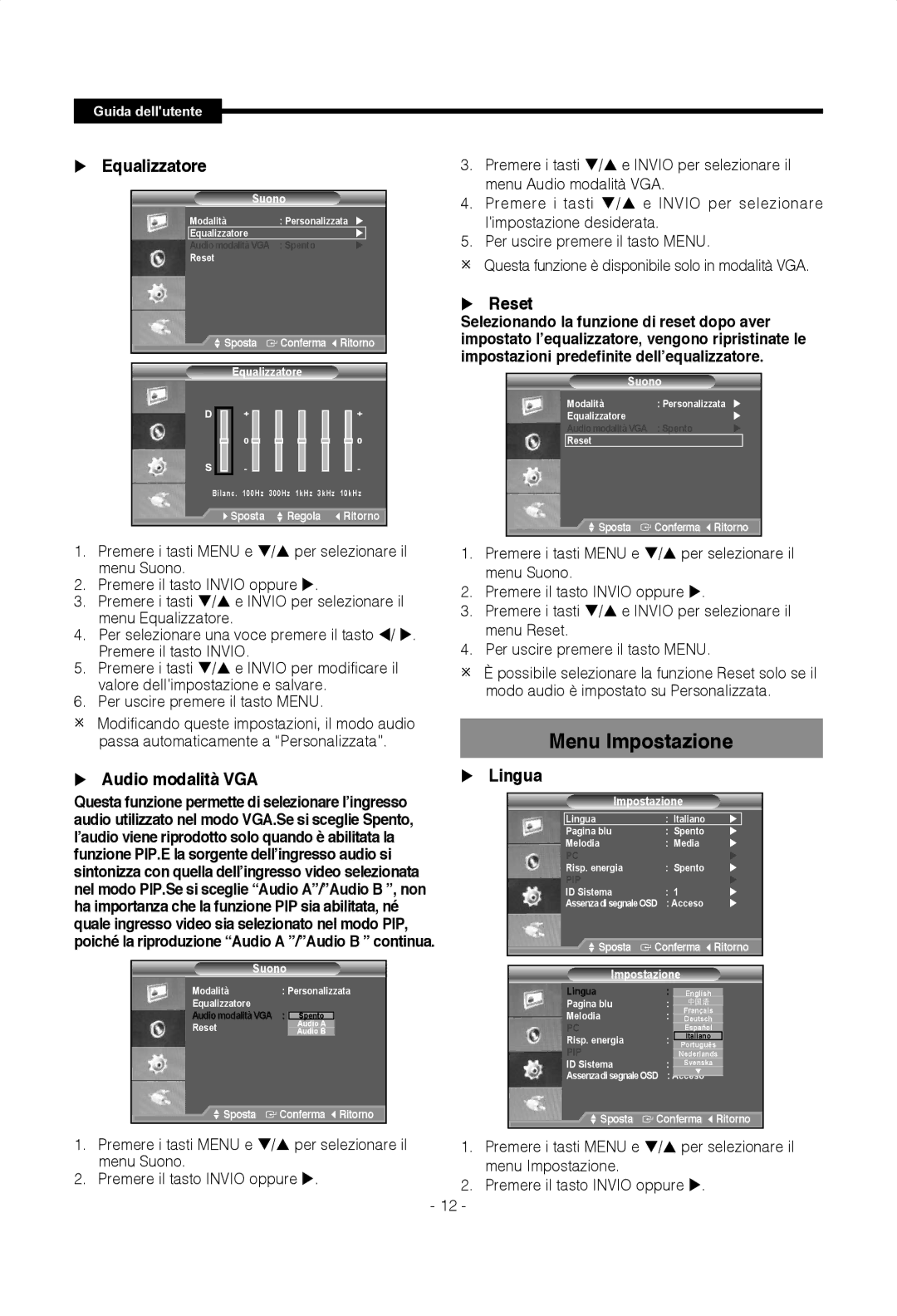 Samsung SMT-1722PV, SMT-1922PV manual Menu Impostazione, Audio modalità VGA 