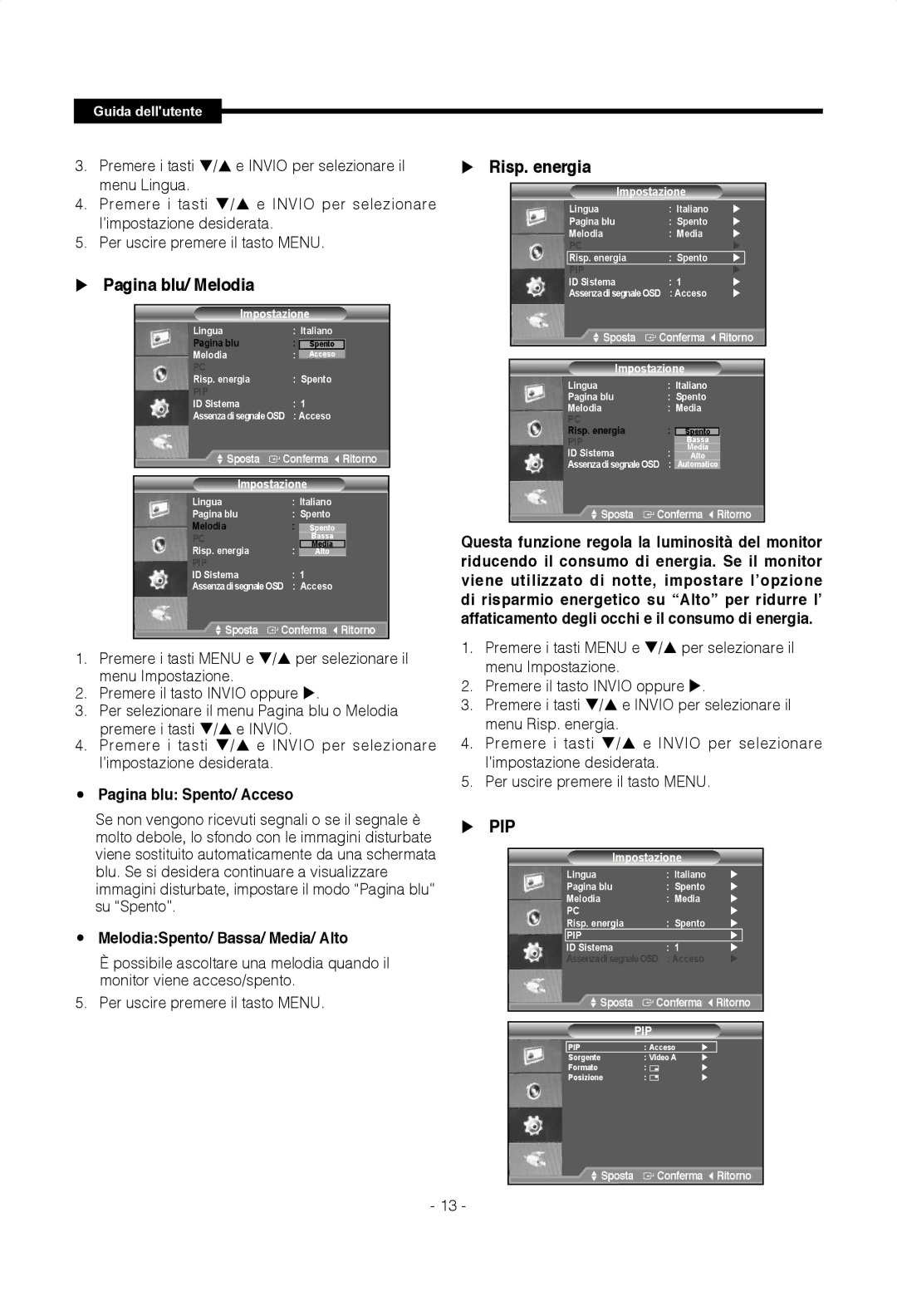 Samsung SMT-1922PV manual Pagina blu/ Melodia, Risp. energia, Pagina blu Spento/ Acceso, MelodiaSpento/ Bassa/ Media/ Alto 