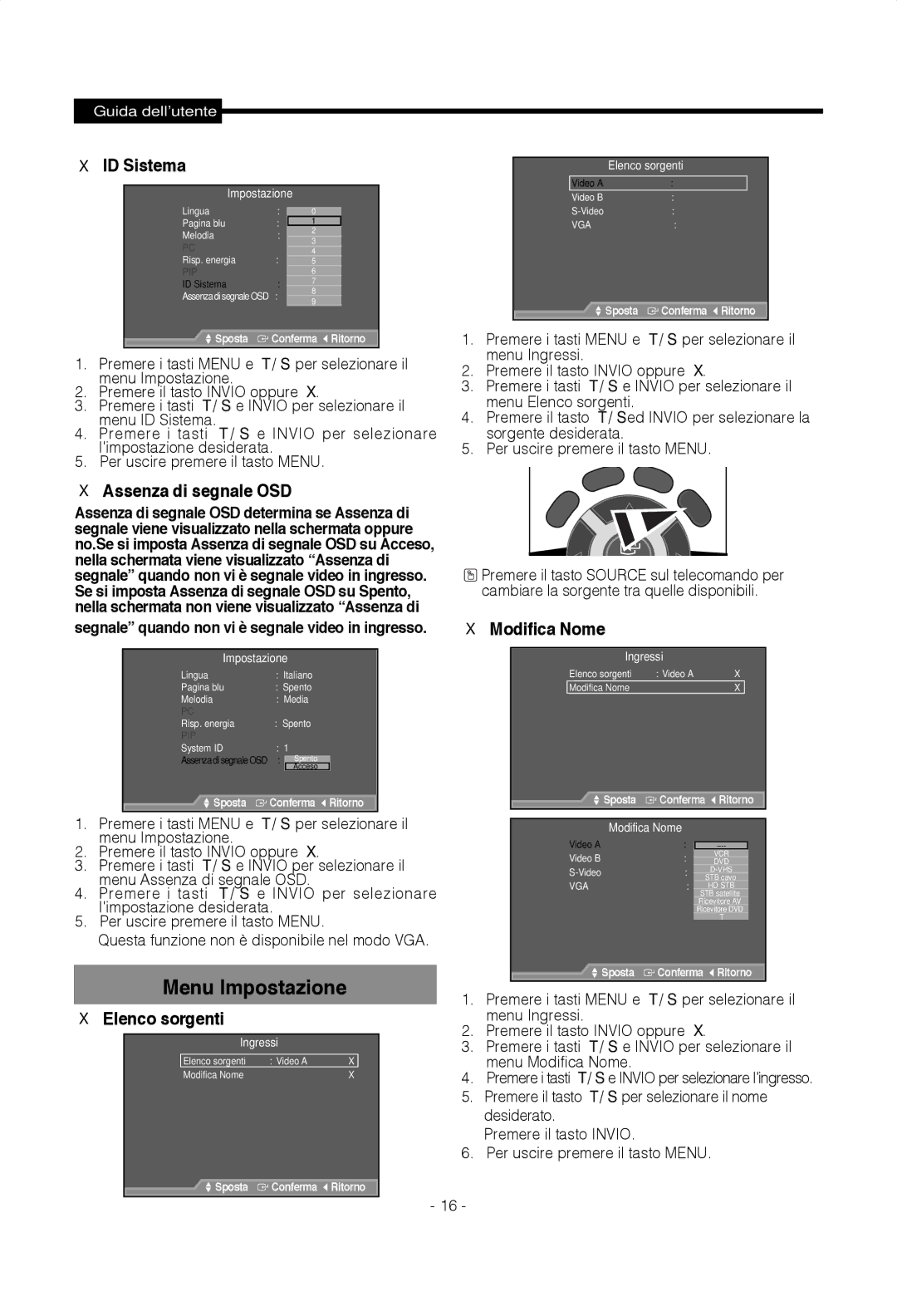 Samsung SMT-1722PV, SMT-1922PV manual ID Sistema, Assenza di segnale OSD, Modifica Nome, Elenco sorgenti 