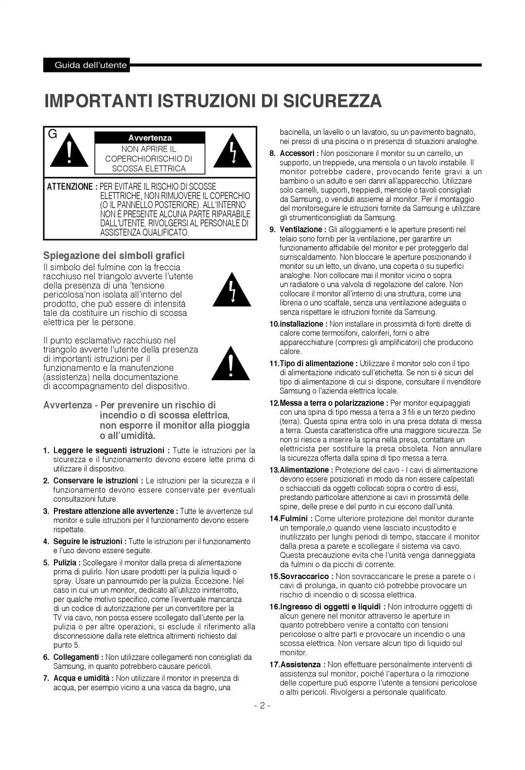 Samsung SMT-1722PV, SMT-1922PV manual Importanti Istruzioni DI Sicurezza 