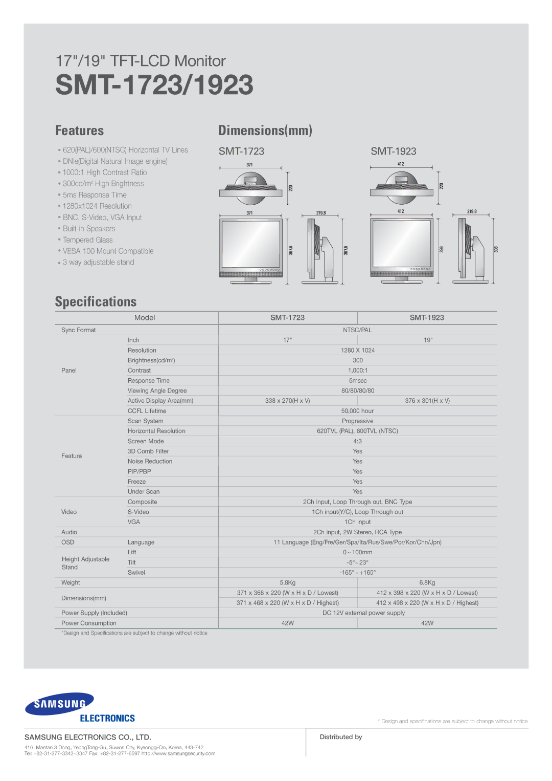 Samsung SMT-1923 specifications SMT-1723/1923 