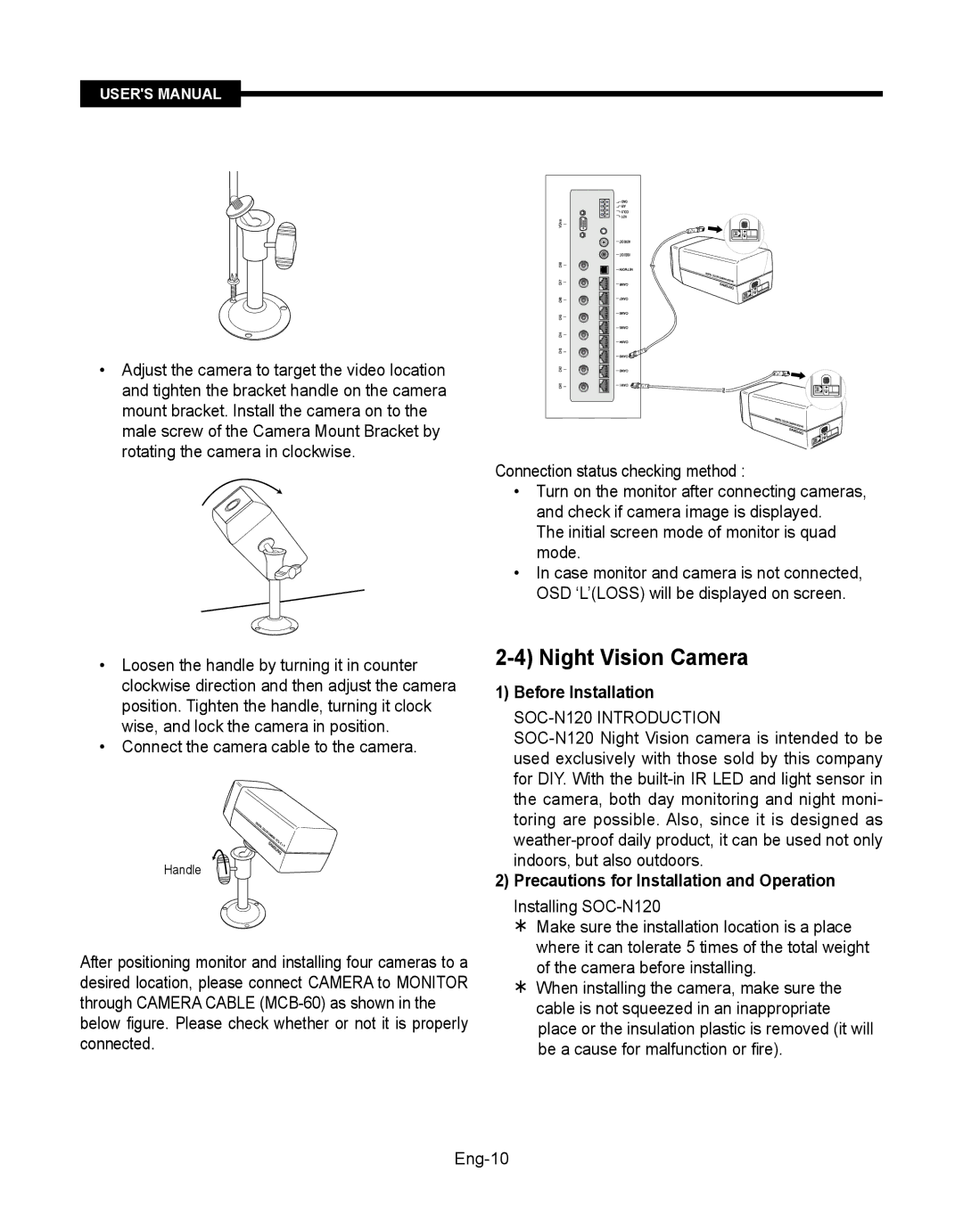 Samsung SMT-190Dx user manual Night Vision Camera, Mode, Connect the camera cable to the camera, Before Installation 