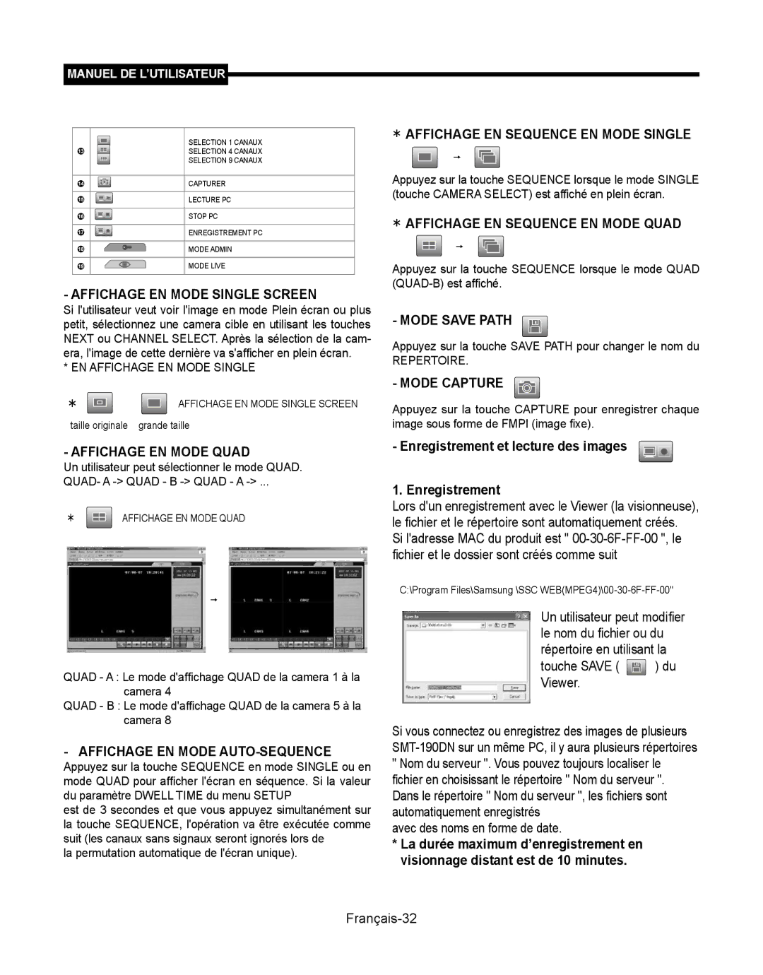 Samsung SMT-190Dx Affichage EN Mode Single Screen, Affichage EN Mode Quad, Affichage EN Mode AUTO-SEQUENCE, Mode Save Path 