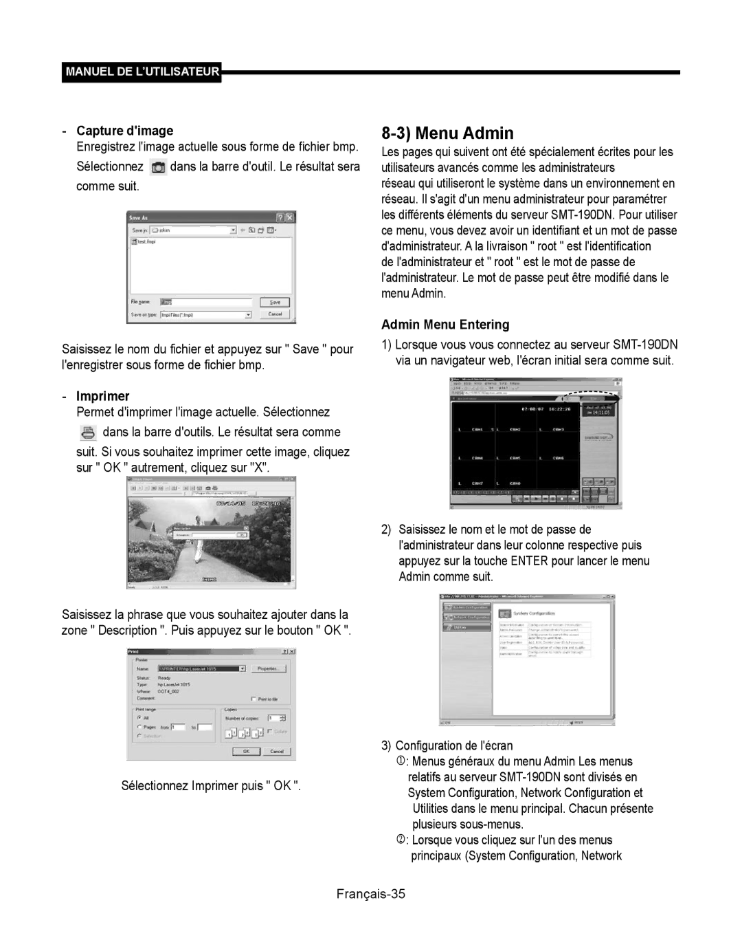 Samsung SMT-190Dx user manual Menu Admin, Capture dimage, Admin Menu Entering, Imprimer 