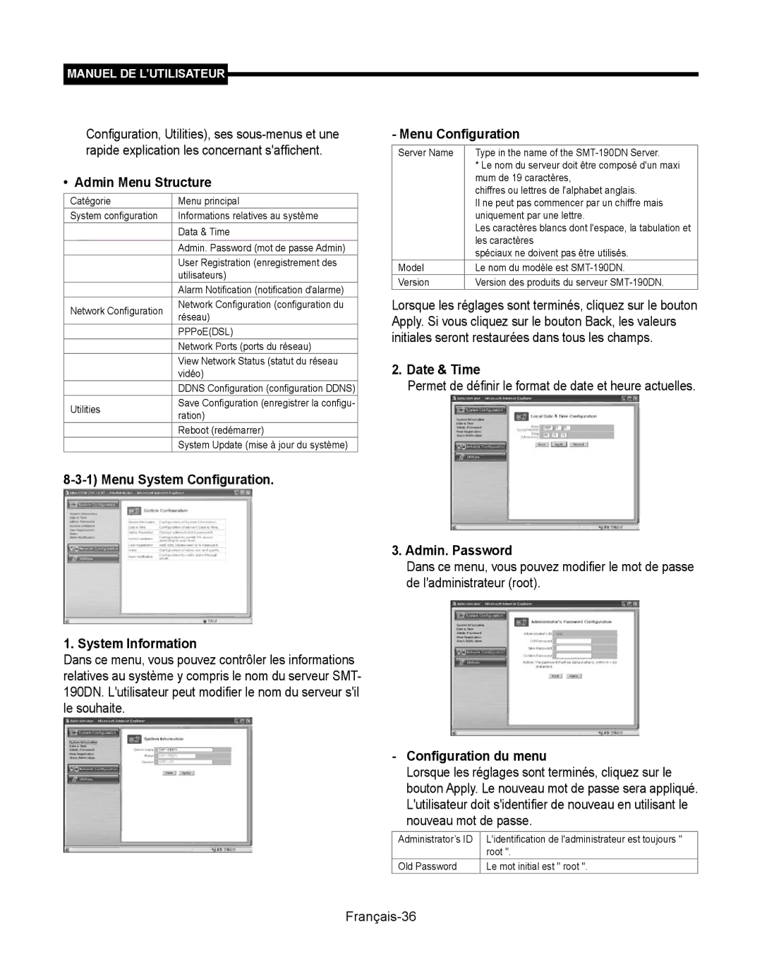 Samsung SMT-190Dx Menu System Configuration System Information, Permet de définir le format de date et heure actuelles 