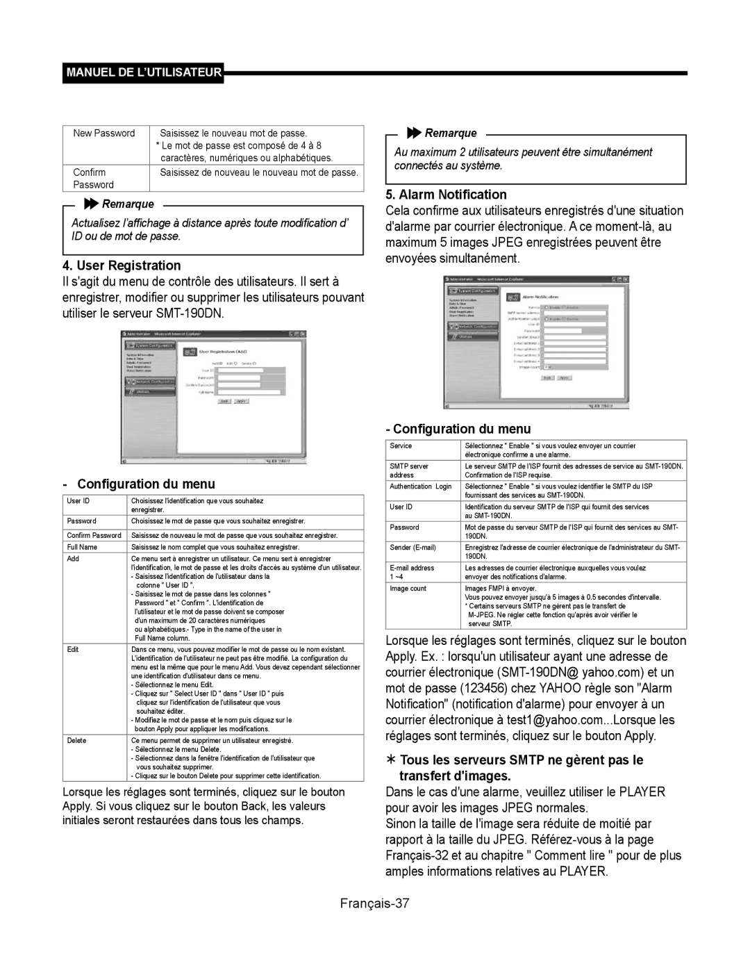 Samsung SMT-190Dx user manual  Tous les serveurs Smtp ne gèrent pas le Transfert dimages, Français-37 