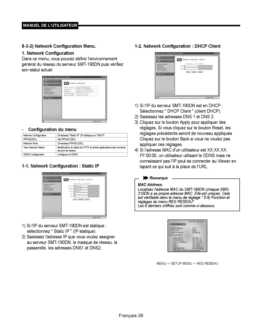 Samsung SMT-190Dx user manual Saisissez les adresses DNS 1 et DNS, Français-38 