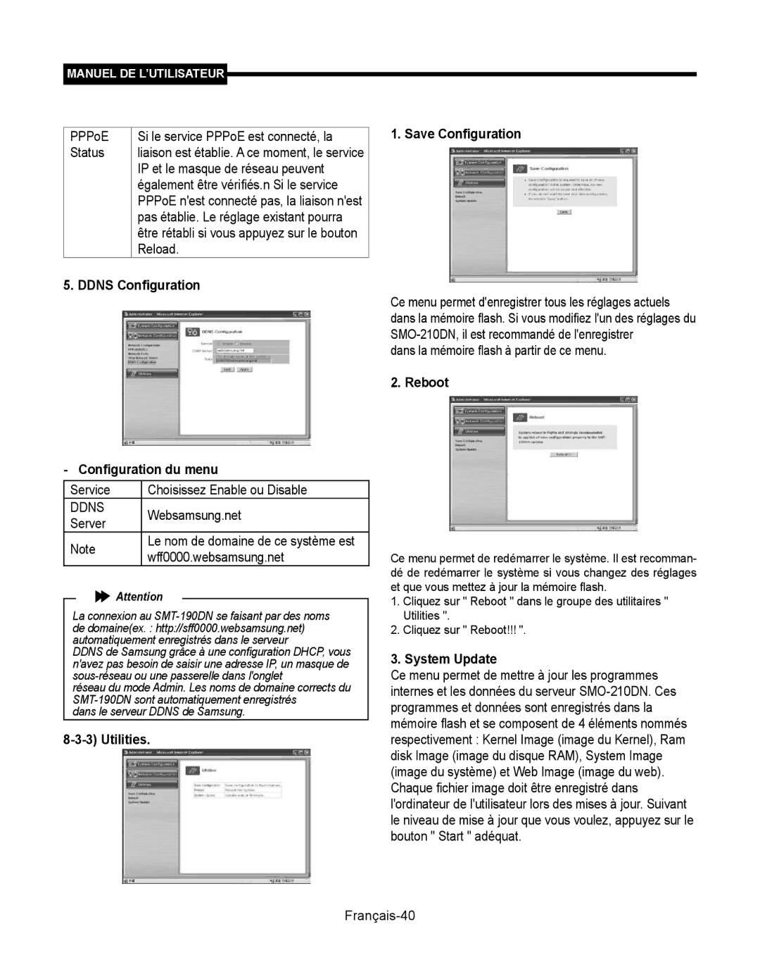 Samsung SMT-190Dx user manual Ddns Configuration Configuration du menu, Utilities Save Configuration 