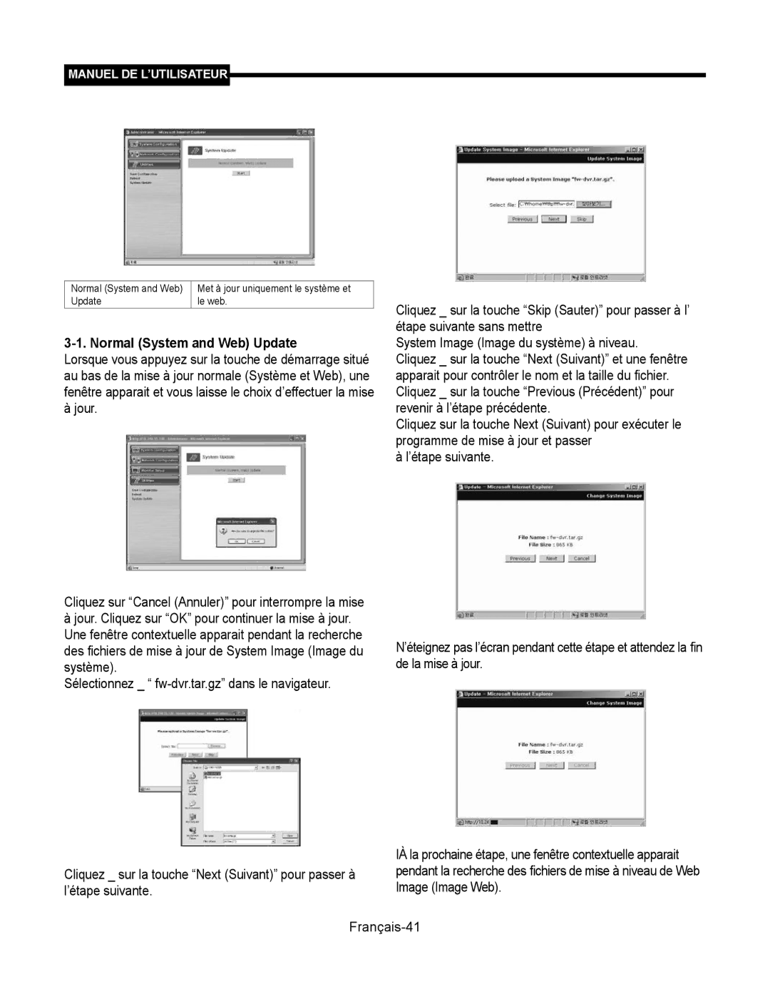 Samsung SMT-190Dx Cliquez sur Cancel Annuler pour interrompre la mise, Met à jour uniquement le système et, Update Le web 