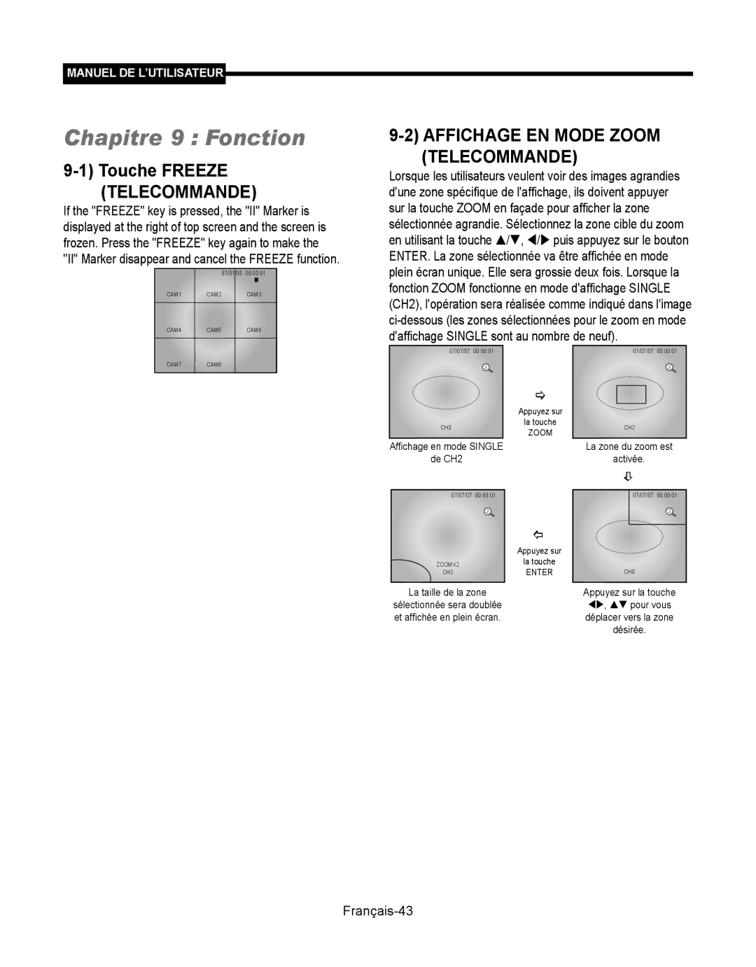 Samsung SMT-190Dx user manual Chapitre 9 Fonction, Affichage EN Mode Zoom Telecommande, Français-43 