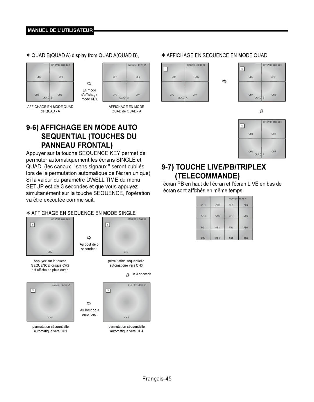 Samsung SMT-190Dx user manual Touche LIVE/PB/TRIPLEX Telecommande,  Affichage EN Sequence EN Mode Quad, Français-45 