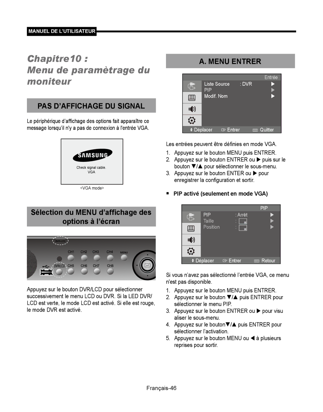 Samsung SMT-190Dx user manual Chapitre10 Menu de paramètrage du moniteur, PAS D’AFFICHAGE DU Signal, Menu Entrer 