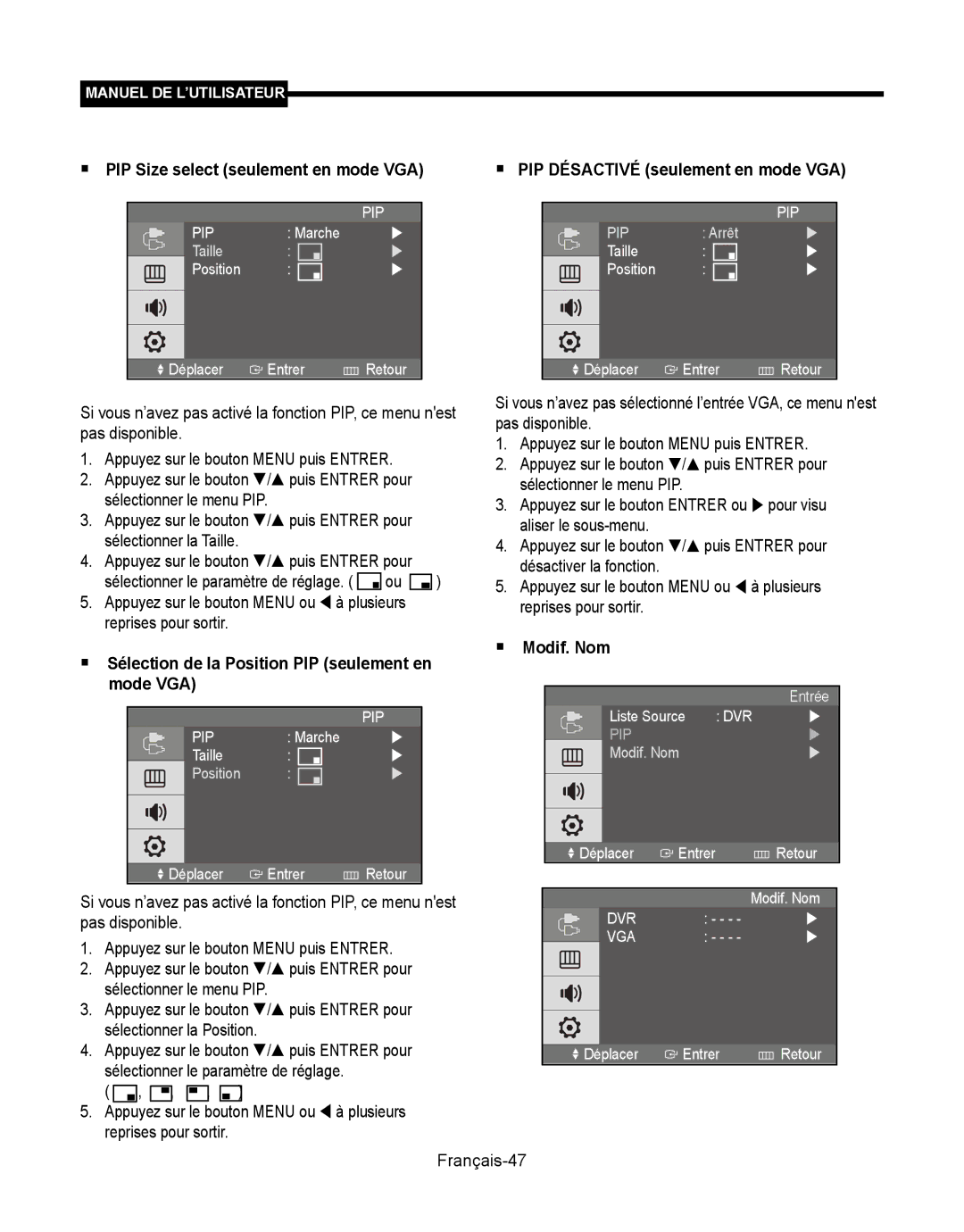 Samsung SMT-190Dx user manual  PIP Size select seulement en mode VGA,  Sélection de la Position PIP seulement en mode VGA 