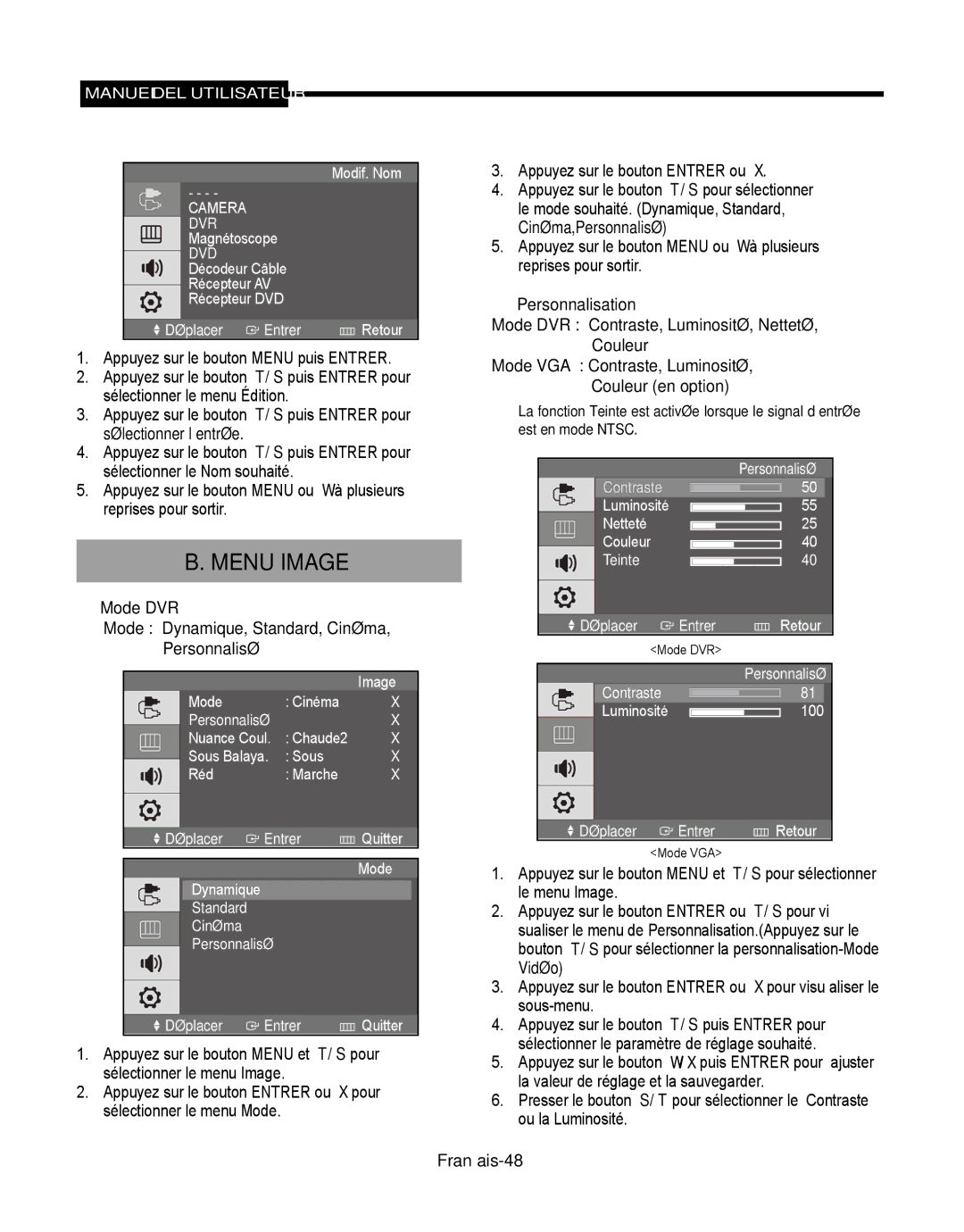 Samsung SMT-190Dx user manual Menu Image,  Mode DVR  Mode Dynamique, Standard, Cinéma, Personnalisé, Mode VGA 