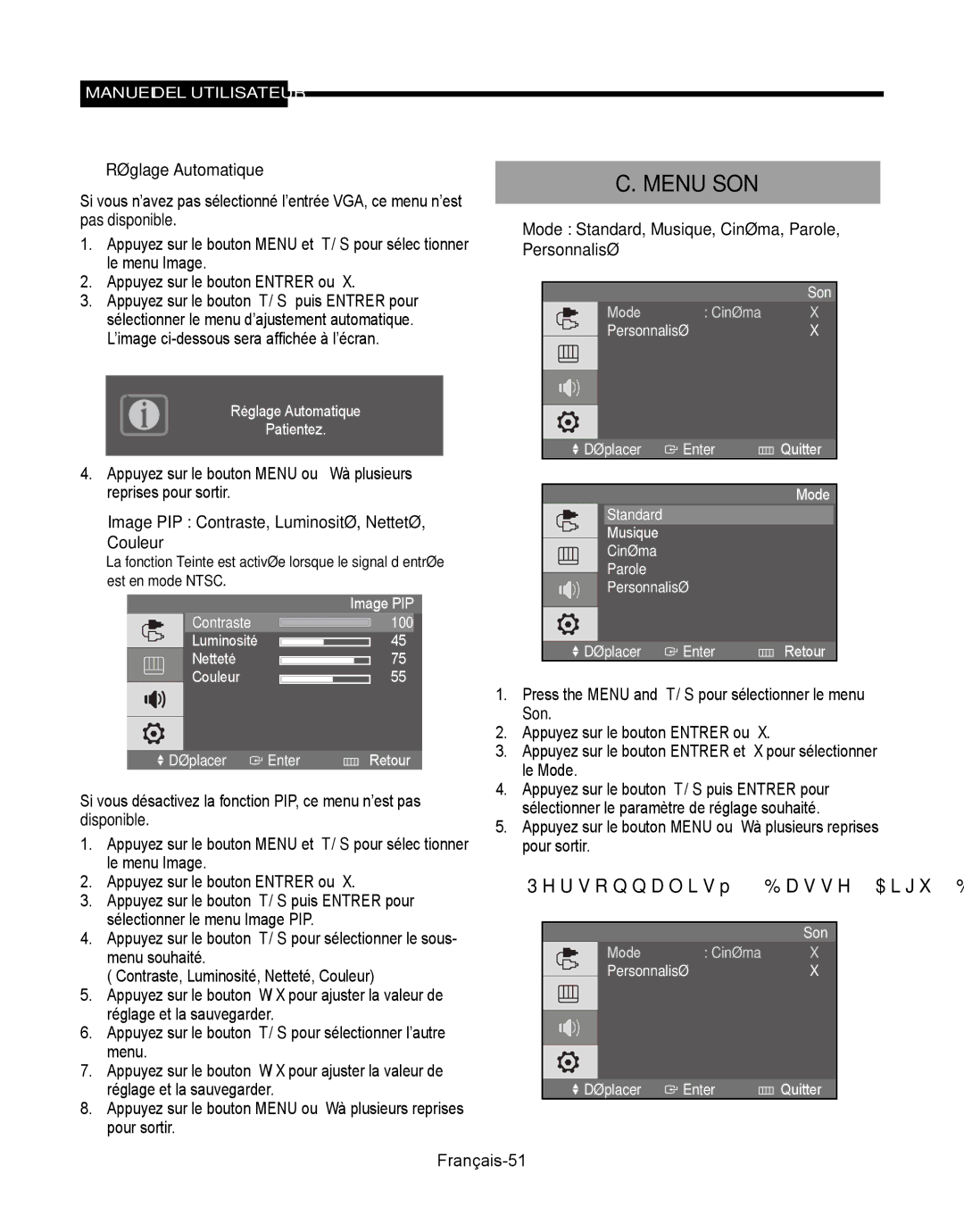 Samsung SMT-190Dx Menu SON,  Réglage Automatique,  Image PIP Contraste, Luminosité, Netteté Couleur, Français-51 