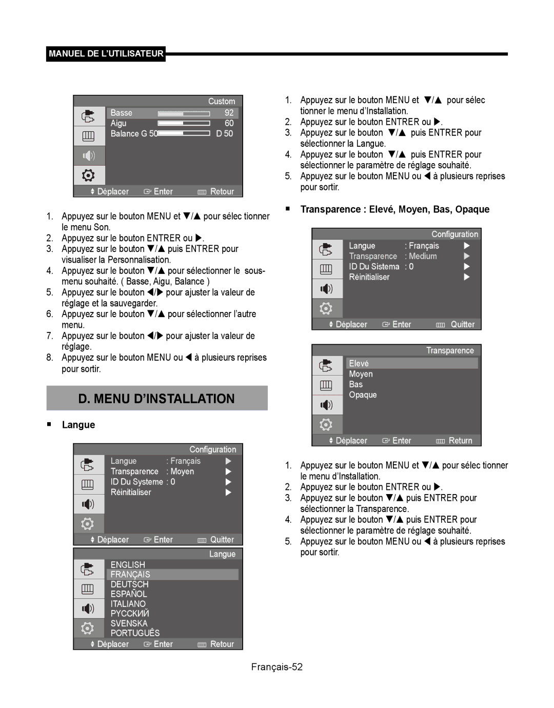 Samsung SMT-190Dx user manual Menu D’INSTALLATION,  Langue,  Transparence Elevé, Moyen, Bas, Opaque 