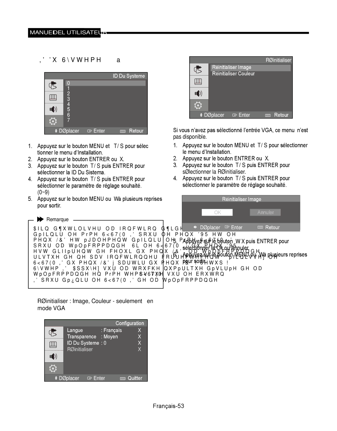 Samsung SMT-190Dx user manual  ID Du Systeme 0~9,  Réinitialiser Image, Couleur seulement en mode VGA 