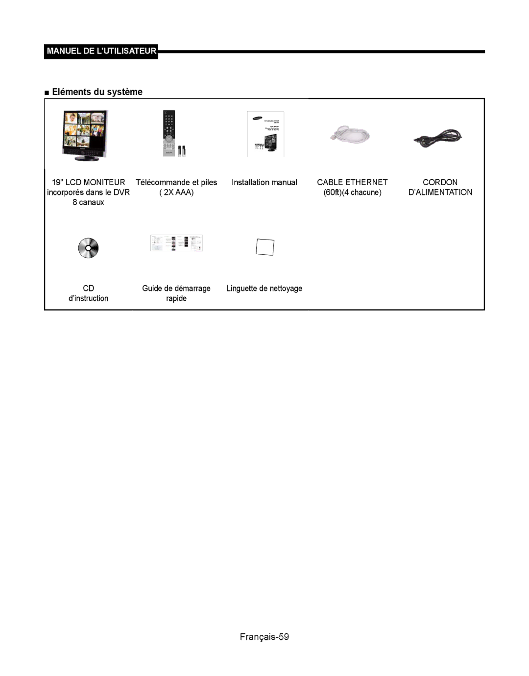 Samsung SMT-190Dx user manual Français-59, Télécommande et piles Installation manual, 2X AAA, Incorporés dans le DVR 