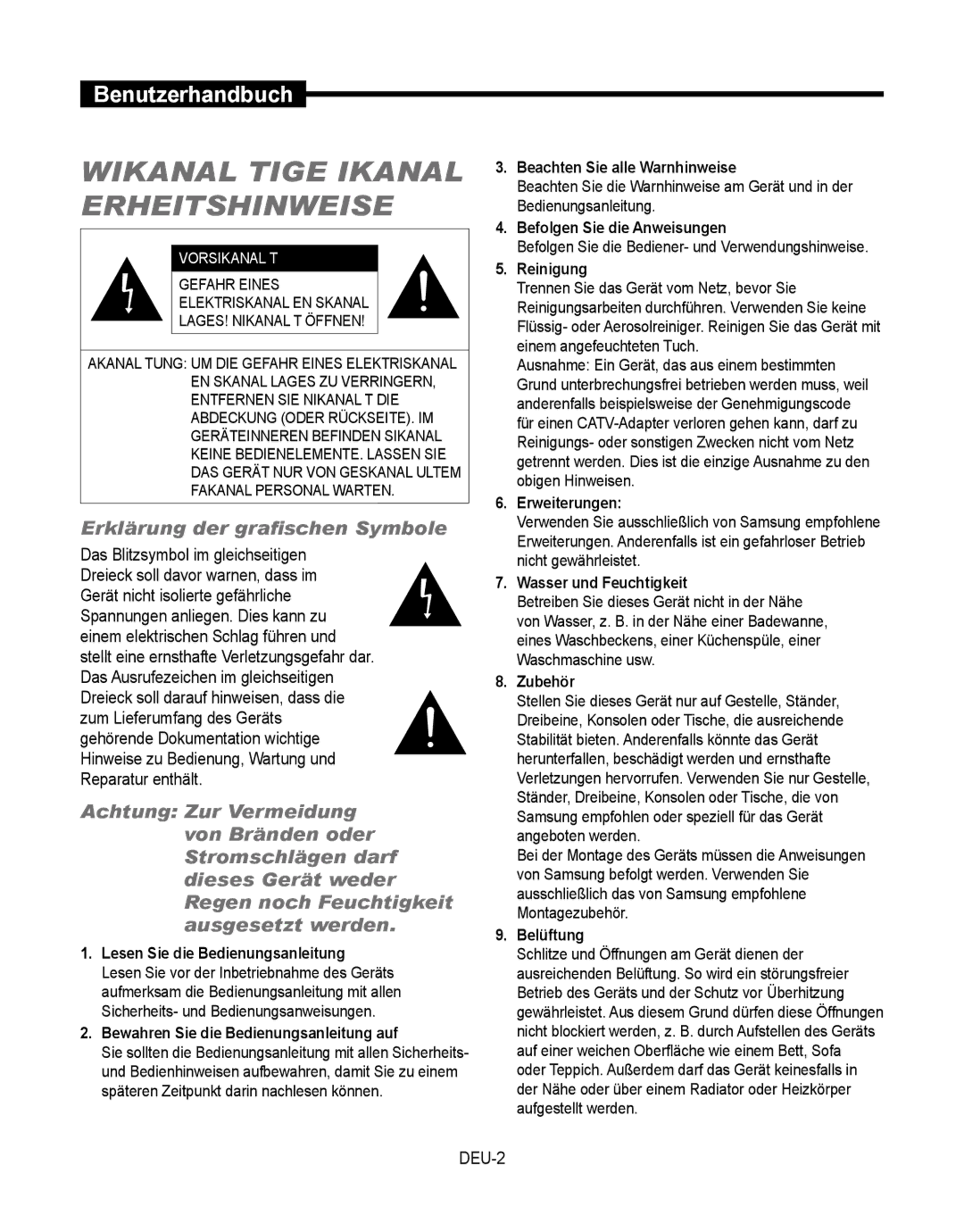 Samsung SMT-190Dx user manual Deu-, Befolgen Sie die Bediener- und Verwendungshinweise 