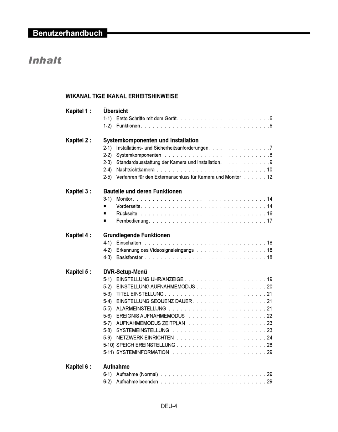 Samsung SMT-190Dx user manual Inhalt, Wikanal Tige Ikanal Erheitshinweise 