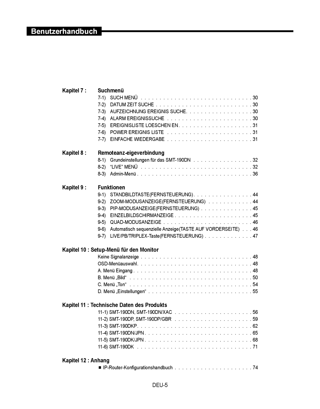 Samsung SMT-190Dx user manual Kapitel Suchmenü, Kapitel Remoteanz-eigeverbindung, Kapitel Funktionen, Kapitel 12 Anhang 