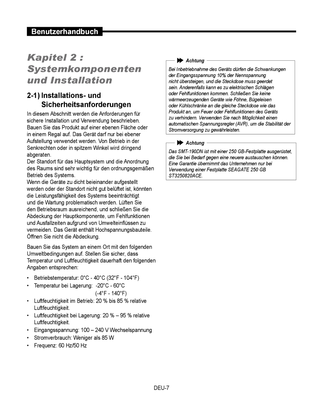 Samsung SMT-190Dx Kapitel 2 Systemkomponenten und Installation, Stromverbrauch Weniger als 85 W Frequenz 60 Hz/50 Hz 