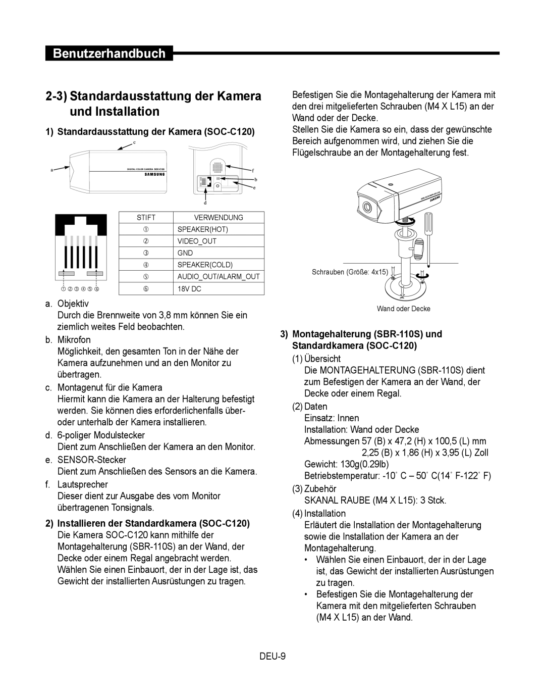 Samsung SMT-190Dx user manual Standardausstattung der Kamera und Installation, Standardausstattung der Kamera SOC-C120 