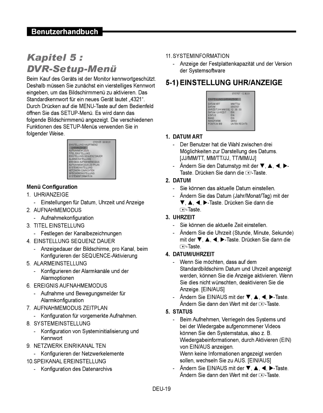 Samsung SMT-190Dx user manual Kapitel DVR-Setup-Menü, Einstellung UHR/ANZEIGE 