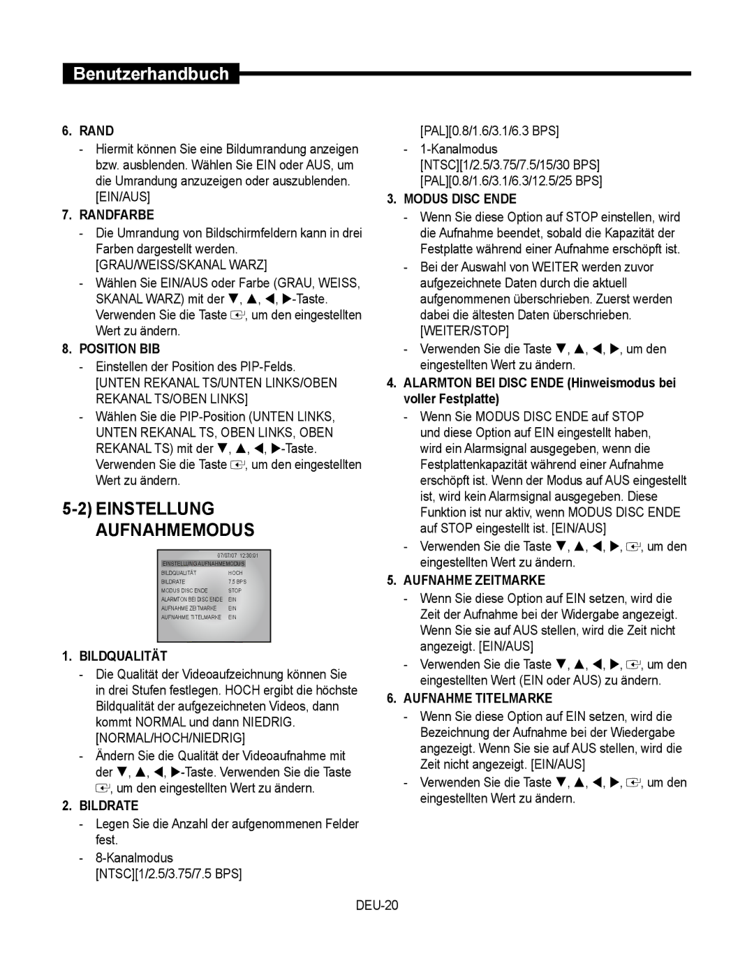 Samsung SMT-190Dx user manual Einstellung, Aufnahmemodus 