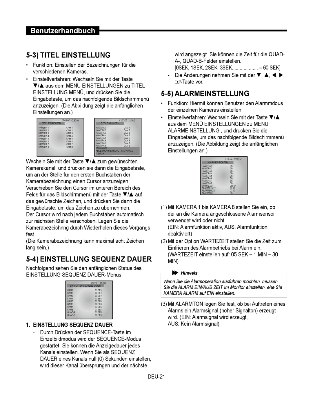 Samsung SMT-190Dx user manual Titel Einstellung, Alarmeinstellung, Einstellung Sequenz Dauer 