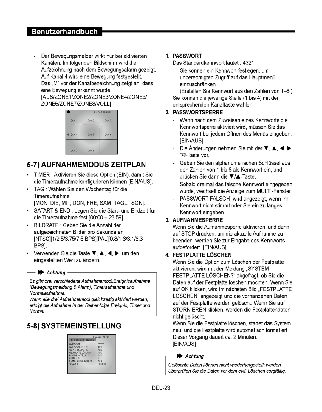 Samsung SMT-190Dx user manual Aufnahmemodus Zeitplan, Systemeinstellung 