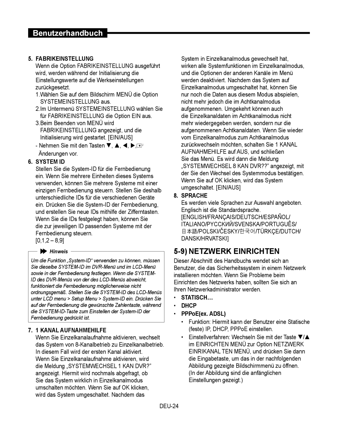 Samsung SMT-190Dx user manual Netzwerk Einrichten, Fabrikeinstellung, Sprache, Statisch…, Kanal Aufnahmehilfe 