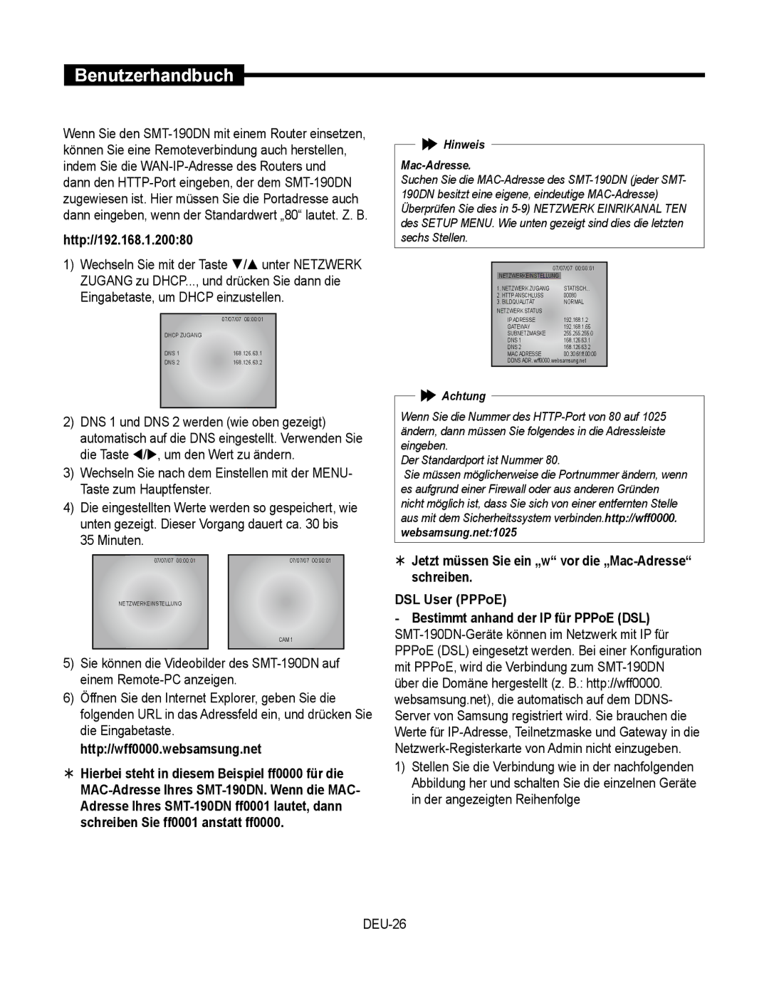 Samsung SMT-190Dx user manual DEU-26, Hinweis Mac-Adresse 