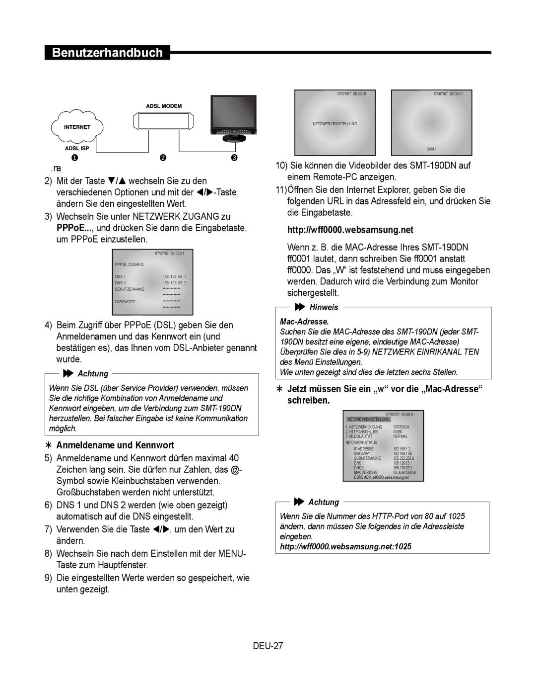 Samsung SMT-190Dx user manual  Anmeldename und Kennwort, Großbuchstaben werden nicht unterstützt, DEU-27 