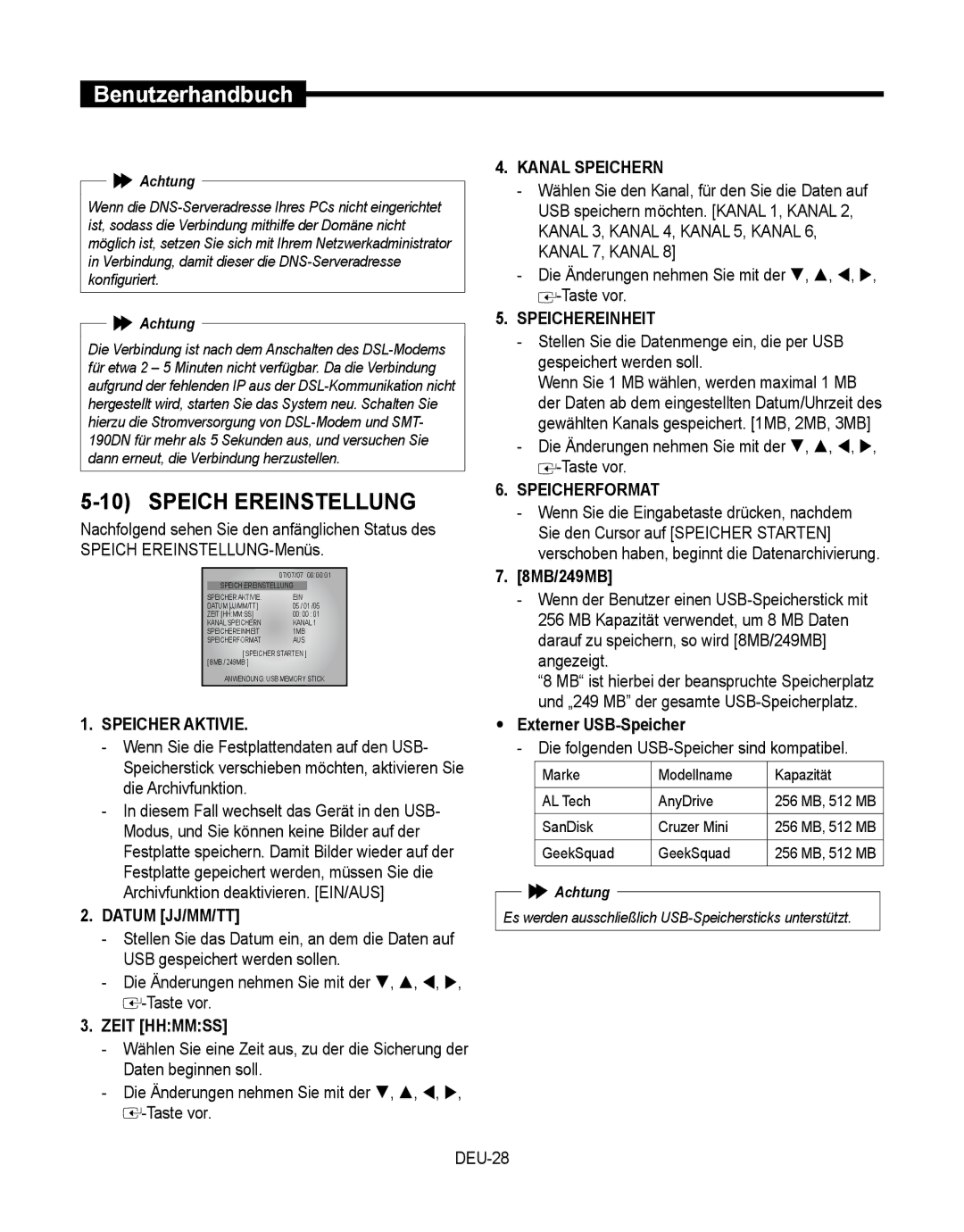 Samsung SMT-190Dx user manual Speich Ereinstellung 